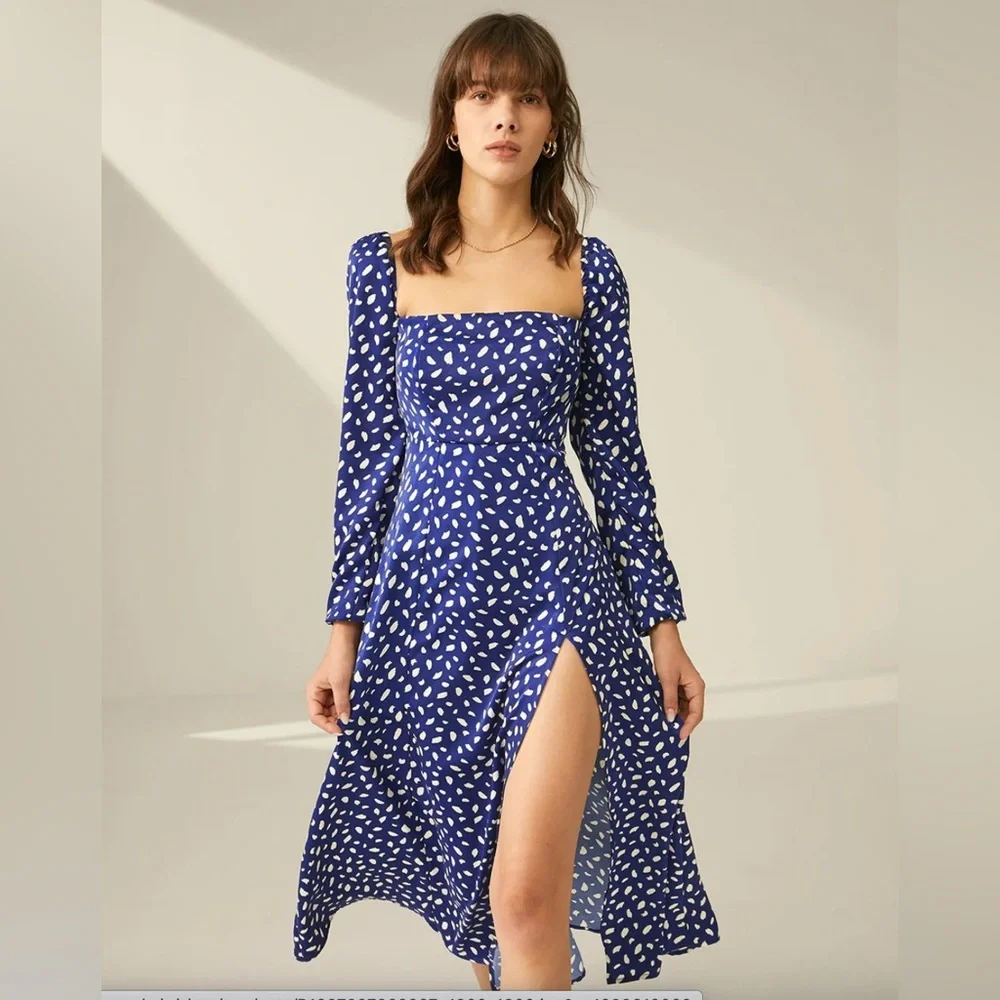 Square Neck Long Sleeve Patterned Slit Dress - Picture 1 of 4